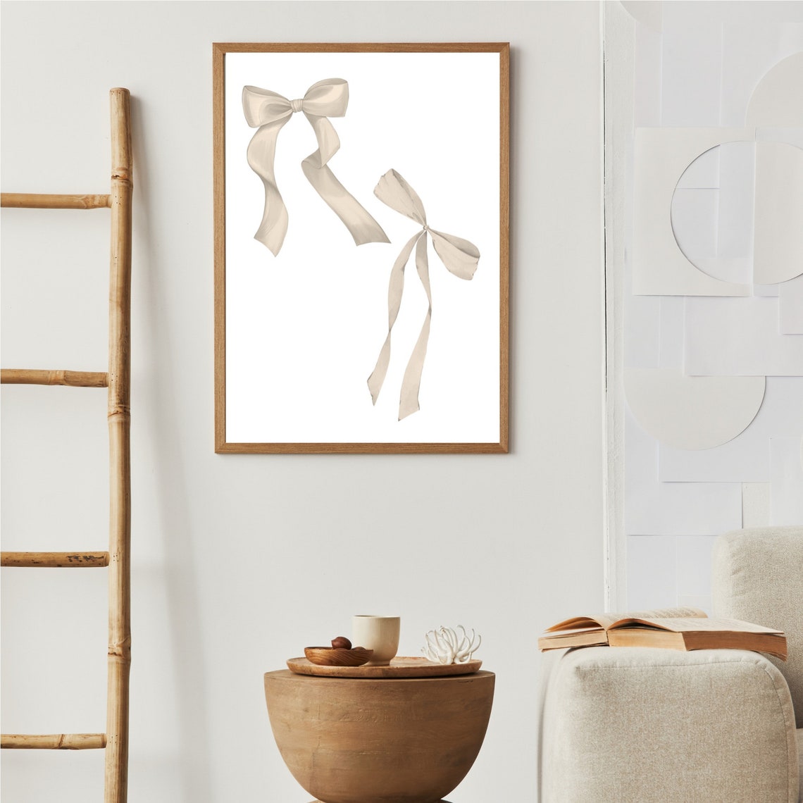 Beige Ribbon Bows Pair Minimalist Coquette Nursery Art Poster - Image 2