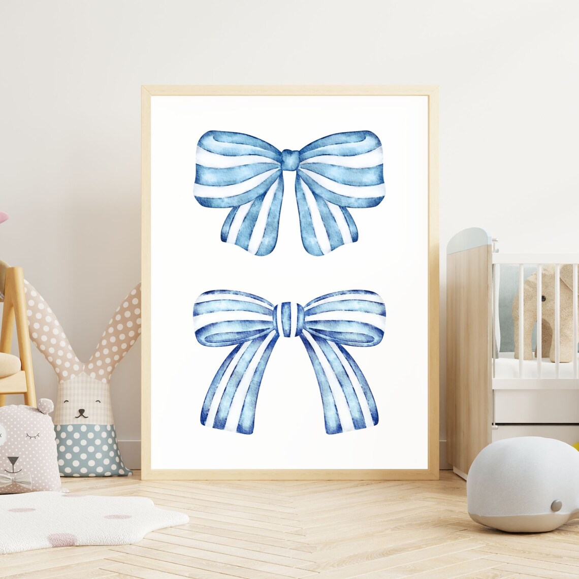 Blue Striped Watercolor Bows Duo Coastal Preppy Teen Room Poster - Image 3