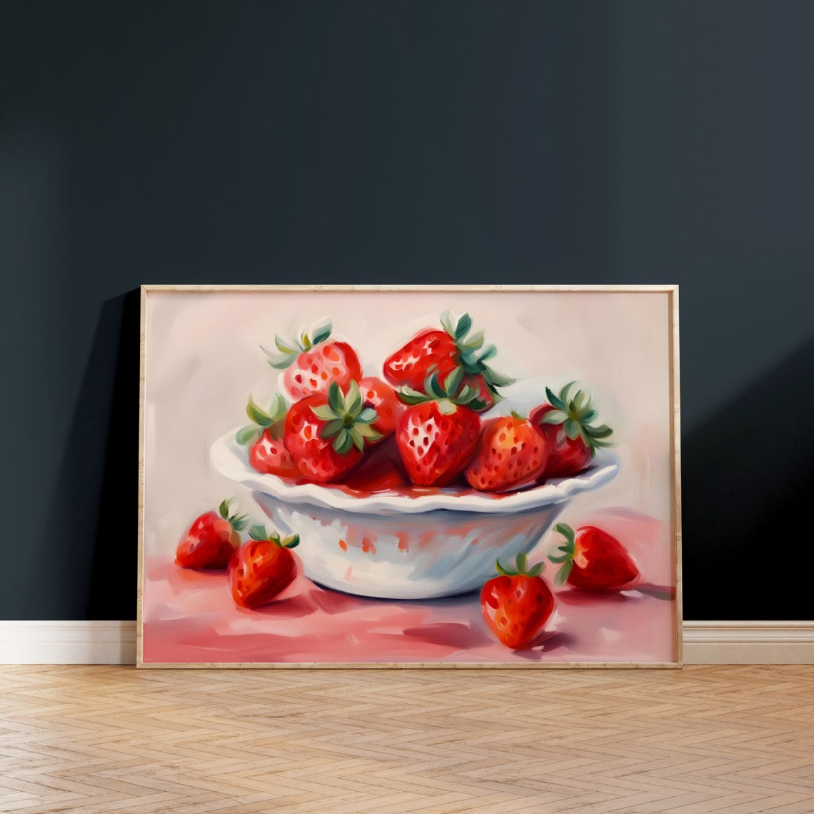 Juicy Strawberry Bowl Watercolor Pink Kitchen Fruit Art Poster - Image 3