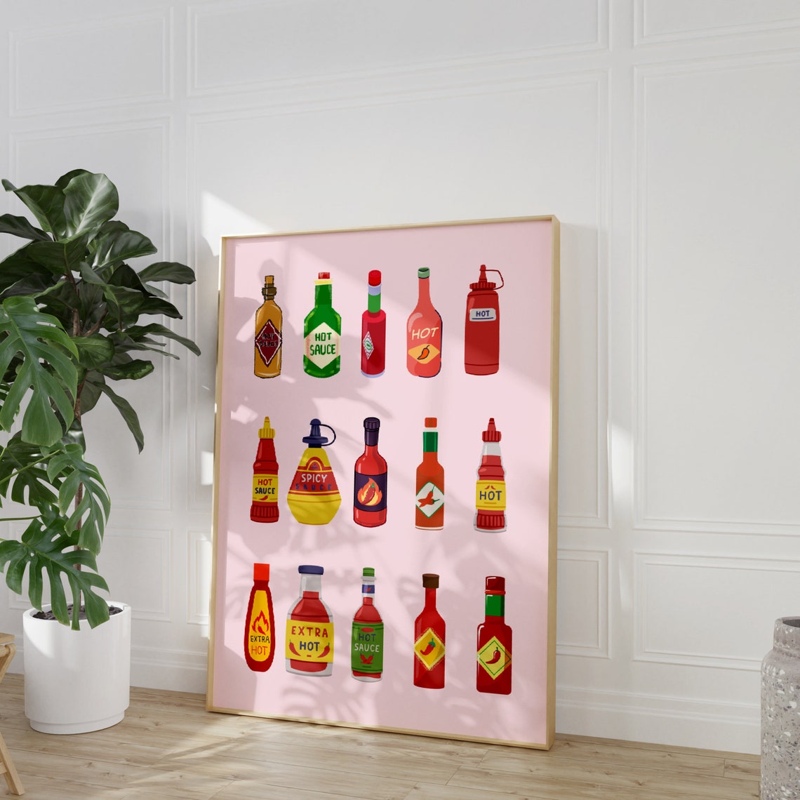 Hot Sauce Bottle Collection Poster Retro Kitchen Pink Spicy Food Art - Image 3
