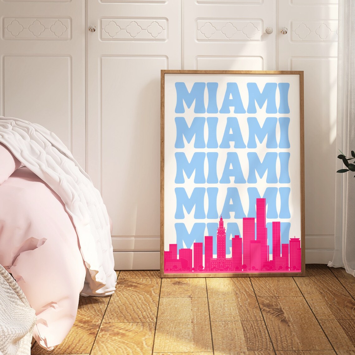 Miami Retro Skyline Typography Pink Blue Beach Travel Poster - Image 3