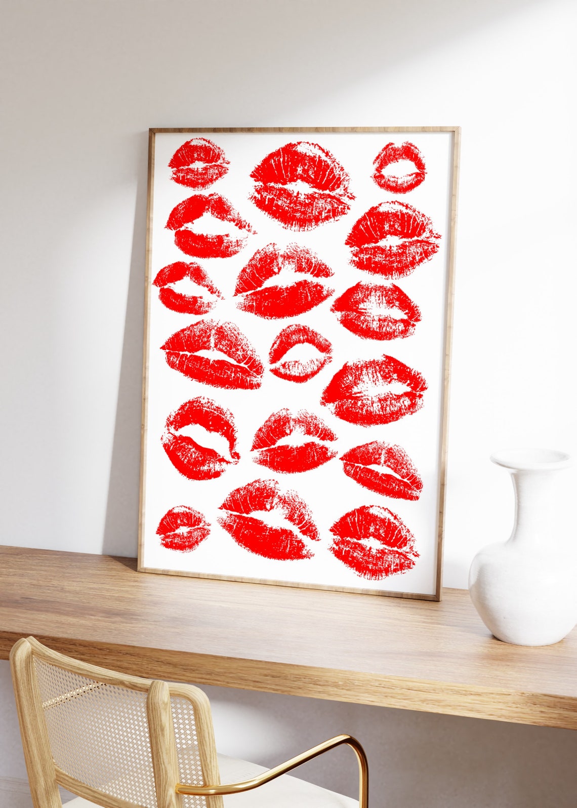 Red Lipstick Kiss Marks Grid White Retro Lips Collage Art Poster - Image 3