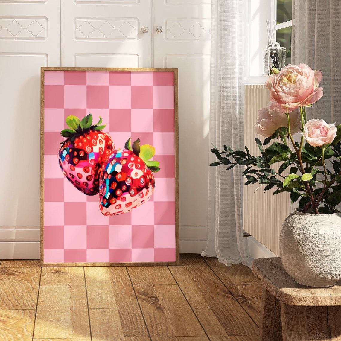 Disco Mosaic Strawberry Duo Pink Checkered Fruit Pop Art Poster - Image 3