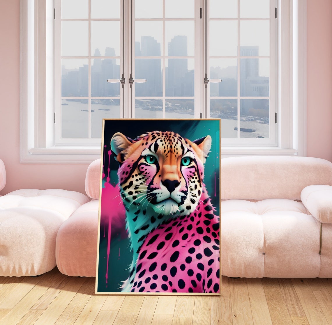Pink Teal Neon Cheetah Portrait Pop Art Maximalist Animal Poster - Image 3