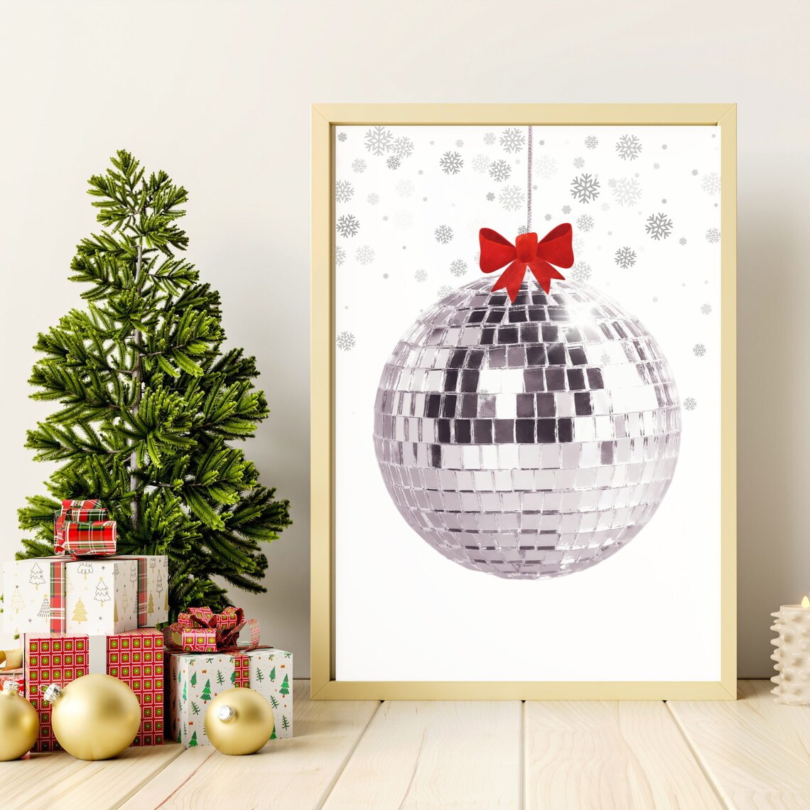 Christmas Disco Ball Ornament Red Bow Snowflake Holiday Wall Decor Poster - Image 2