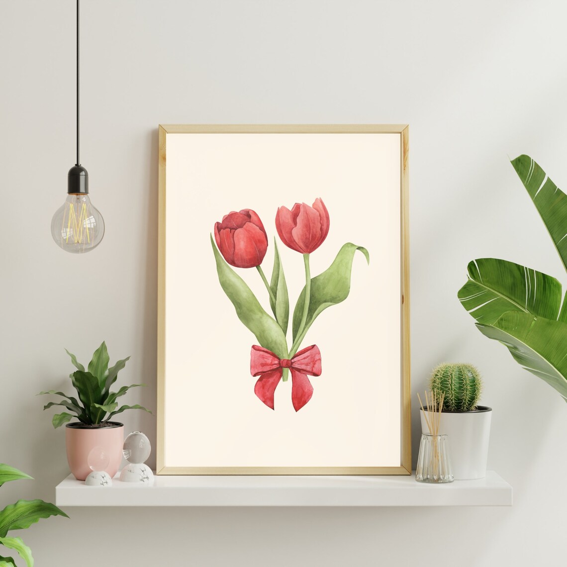 Red Tulips Watercolor Bow Coquette Floral Bouquet Cream Art Print - Image 3