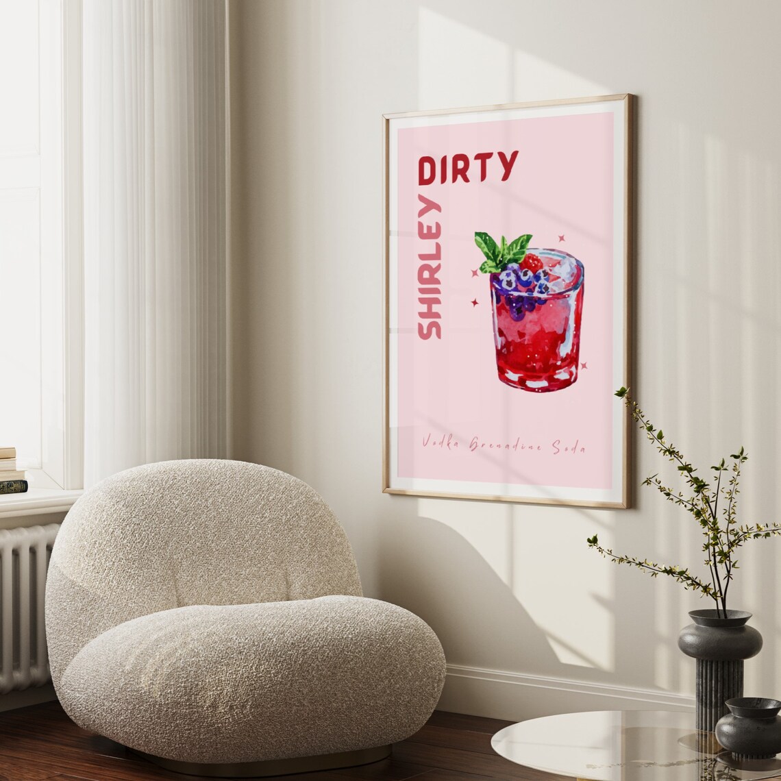 Dirty Shirley Cocktail Recipe Bar Cart Pink Watercolor Drink Art Print - Image 3