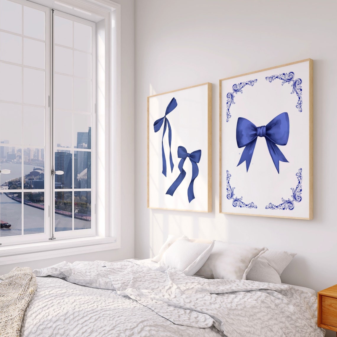 Navy Blue Watercolor Bow with Ornate Corner Flourish Classic Art Print - Image 2