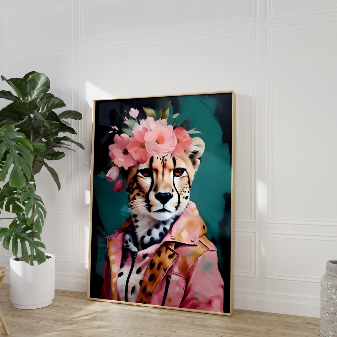 Floral Crown Cheetah in Pink Jacket Maximalist Teal Animal Poster - Image 3