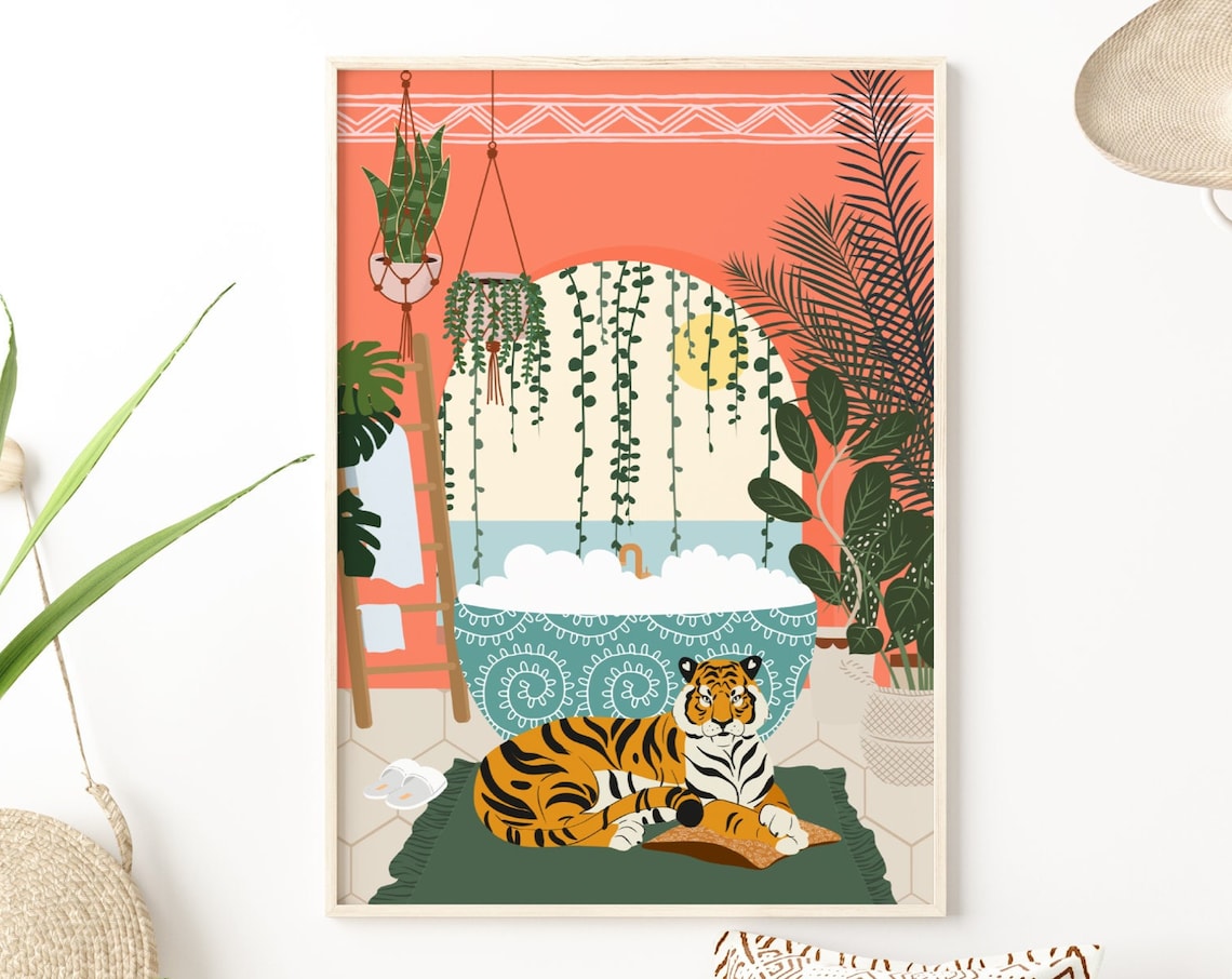 Tiger Boho Bathroom Art Print, Colorful Decor