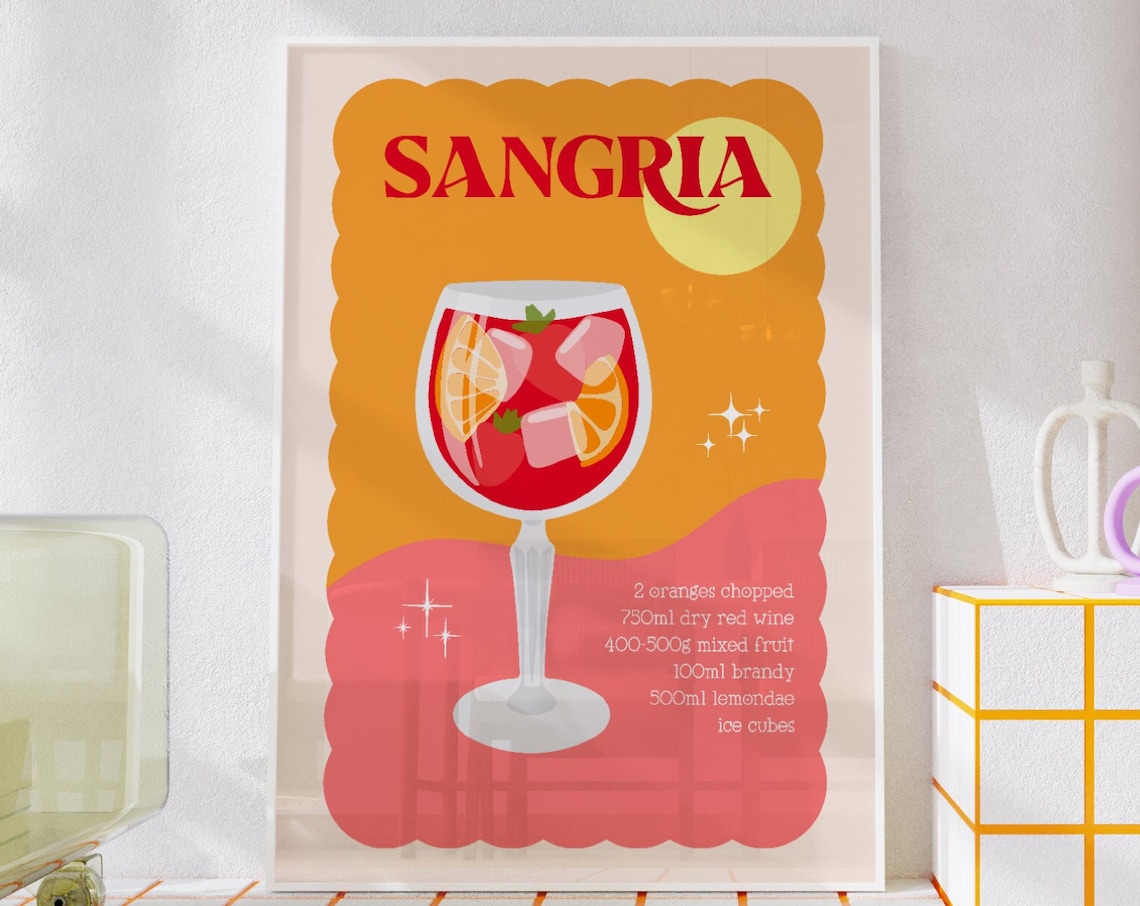 Sangria Cocktail Art Print, Summer Kitchen Decor