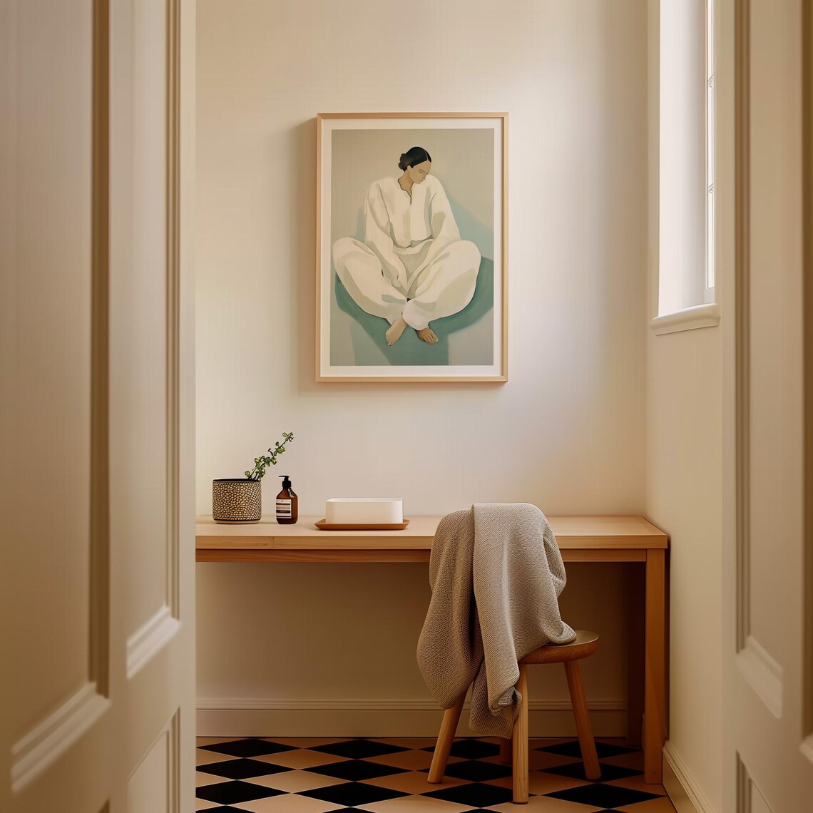 Seated Woman In White Robes Minimalist Nordic Figure Painting Poster - Image 3