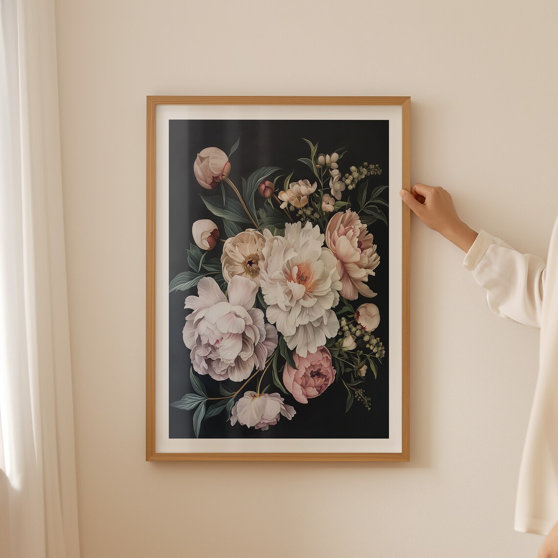 Blush Pink Peonies on Black Dark Botanical Floral Arrangement Poster