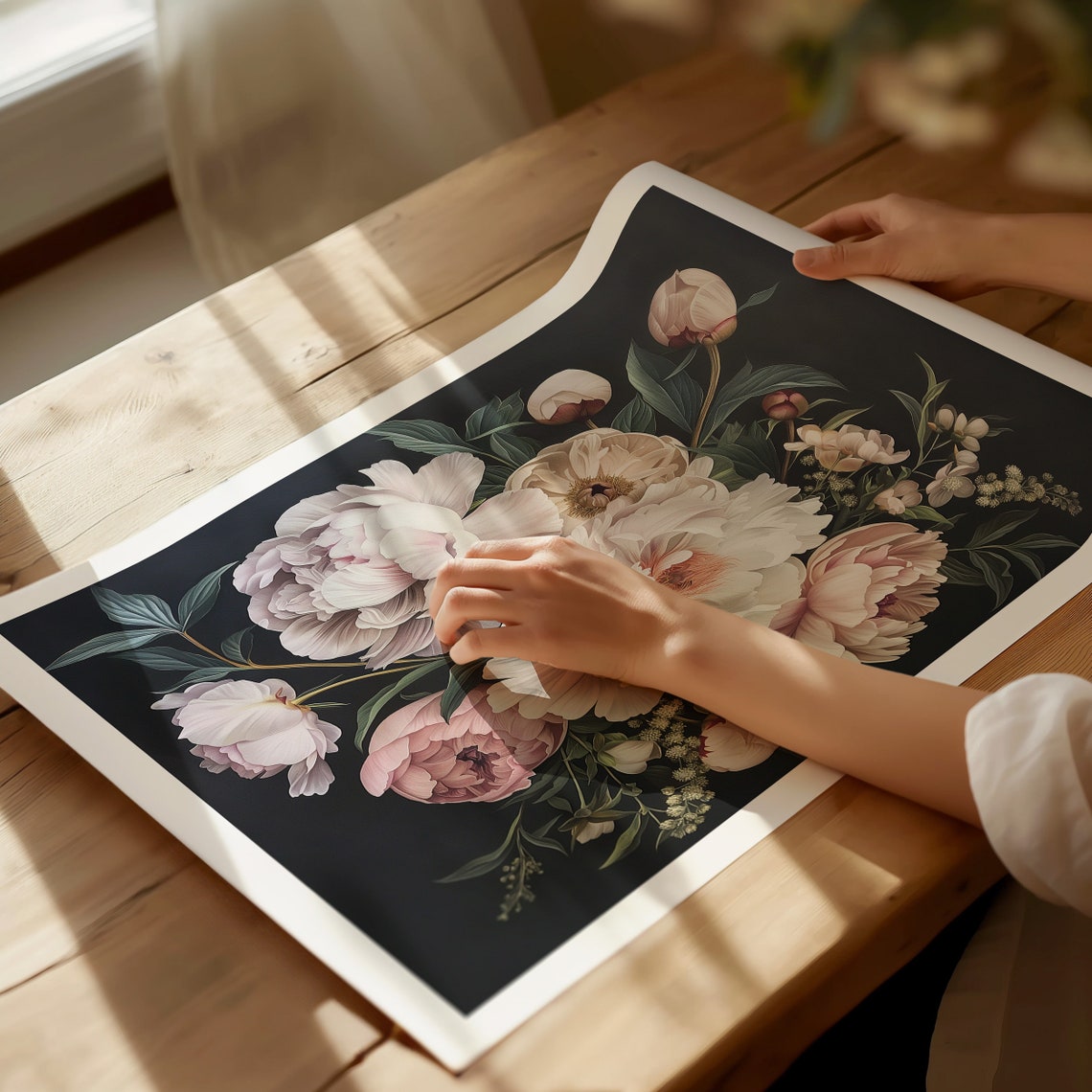 Blush Pink Peonies on Black Dark Botanical Floral Arrangement Poster - Image 3