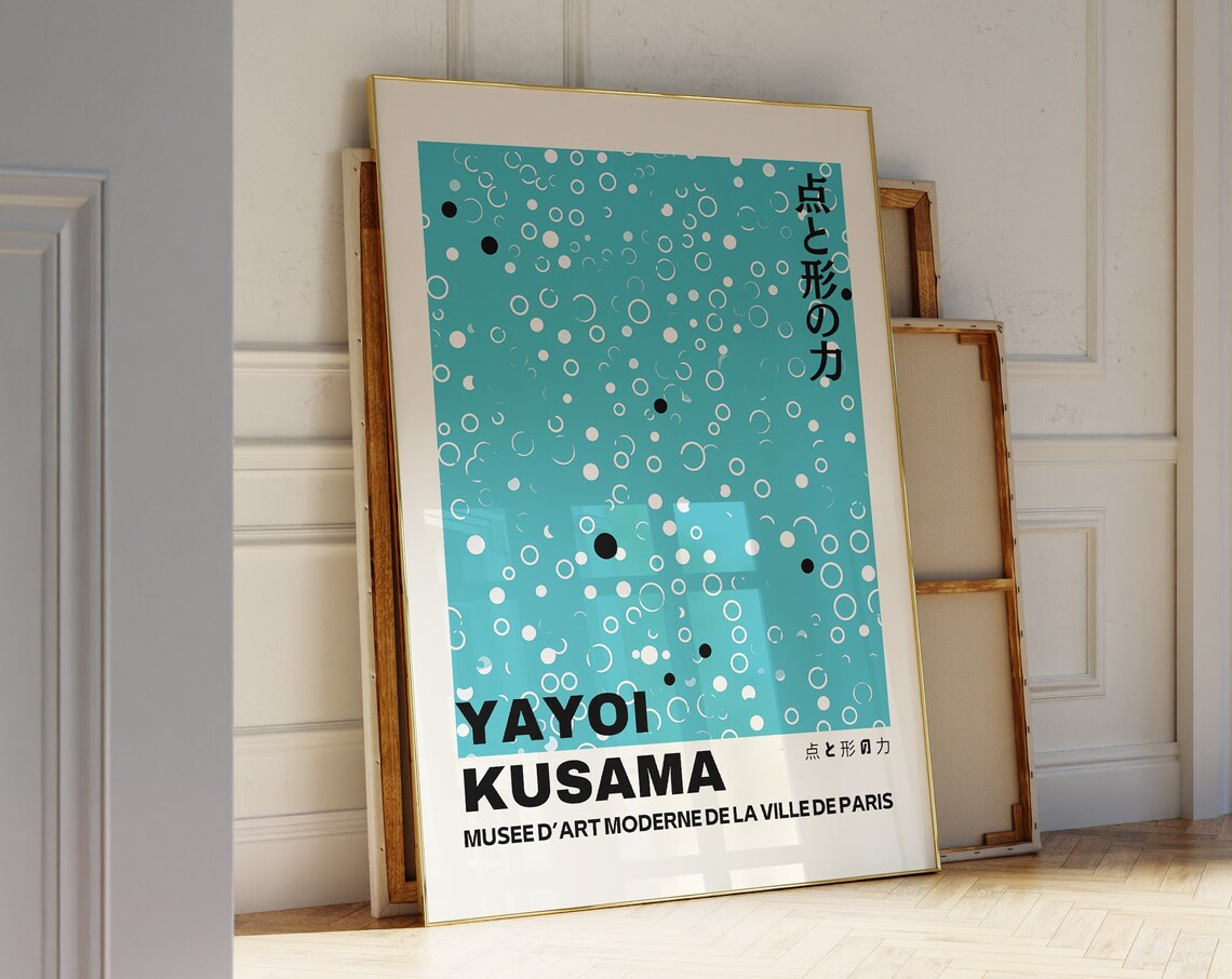 Yayoi Kusama Teal Dots Paris Museum Japanese Text Art Poster