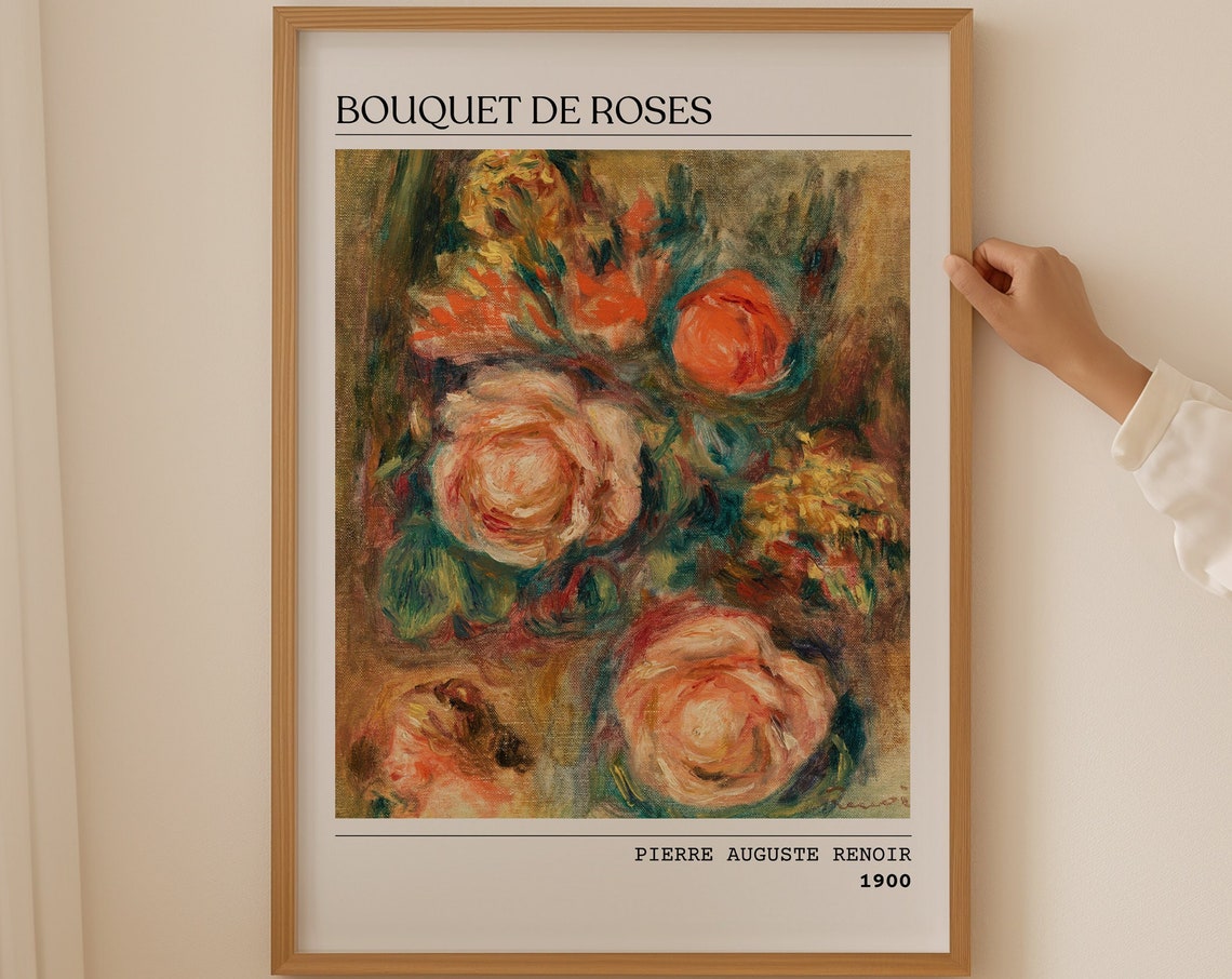 Bouquet De Roses Poster Floral Wall Art Rose Bouquet Art Deco Rose Petals French Painting Flowers Painting Gift Idea Original Painting