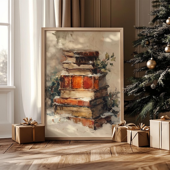 Cozy Vintage Christmas Book Stack Snowy Watercolor Rustic Wall Art