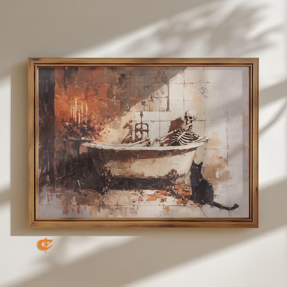 Vintage Skeleton Bath Scene Humorous Gothic Wall Art Atmospheric Oil Painting Cat And Candlelight Halloween Decor 1918