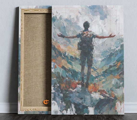 Majestic Hiker Mountain Landscape Wall Art Watercolor Wilderness Adventure Rustic Nature Decor Scenic View Print 849