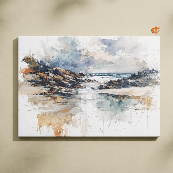 Tranquil Coastal Cove Watercolor Rocky Shore Moody Seascape Poster