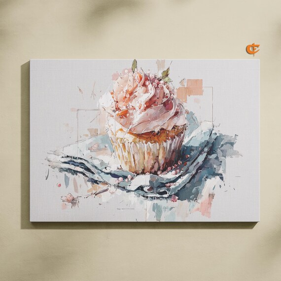 Watercolor Cupcake Art Print Vanilla Dessert With Blush Pink Frosting Kitchen Decor Sweet Pastel Wall 1037