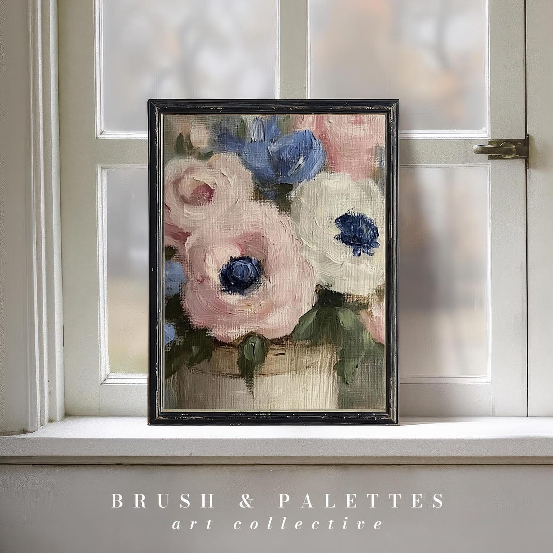Soft Pink And Blue Anemones In Vase Impressionist Floral Art Poster
