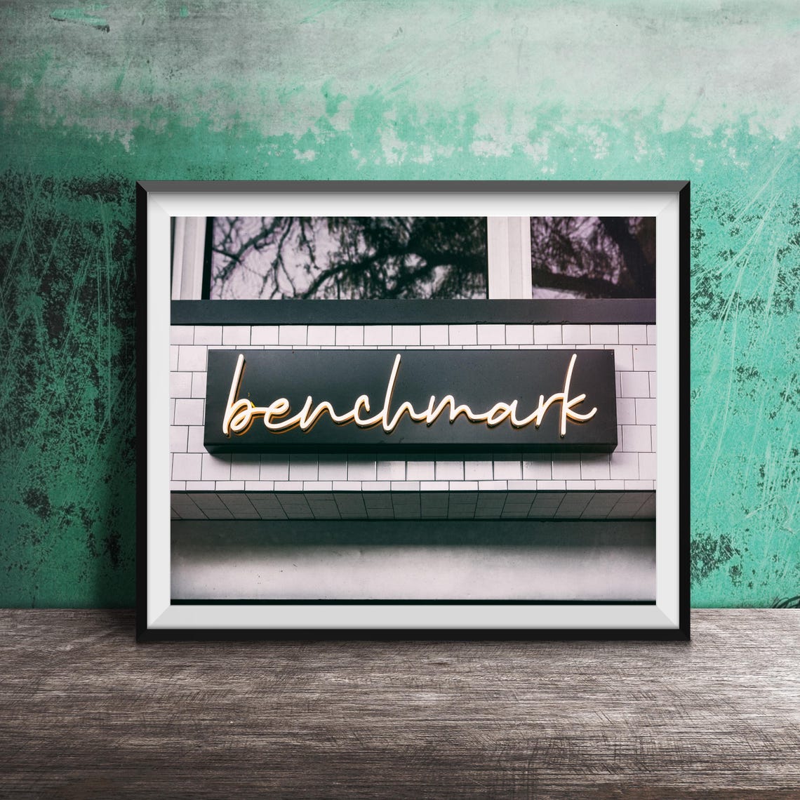 Benchmark Neon Script Sign White Tile Old Town Chicago Poster