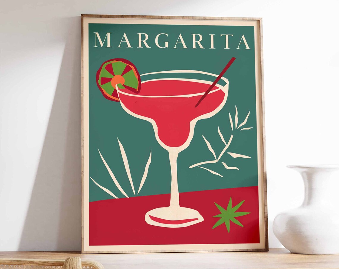 Margarita Red Cocktail Glass Citrus Retro Teal Bar Party Poster