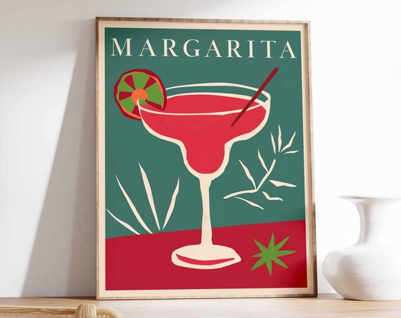 Margarita Red Cocktail Glass Citrus Retro Teal Bar Party Poster
