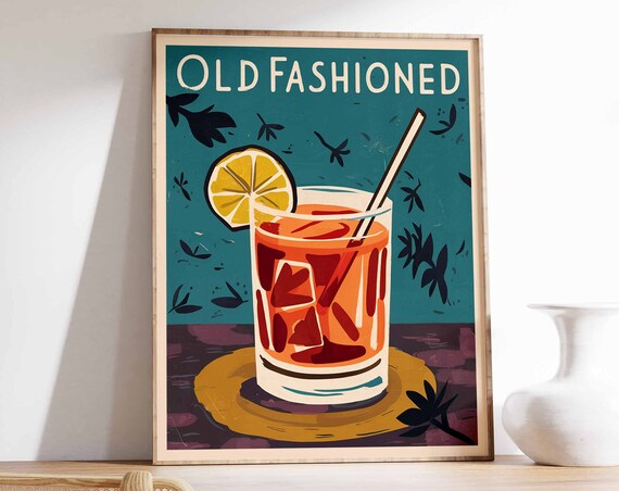 Old Fashioned Cocktail Lemon Slice Teal Vintage Bar Decor Poster