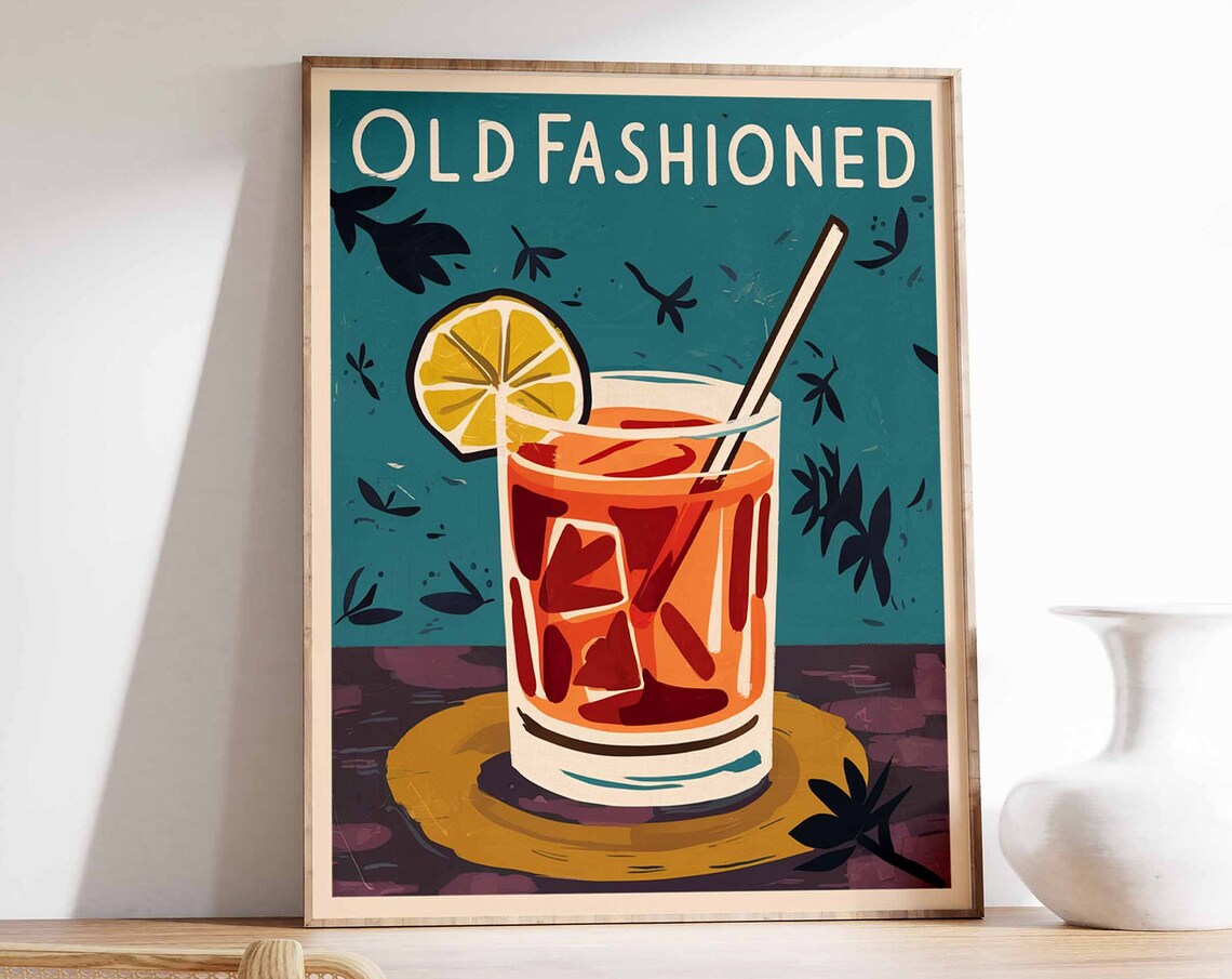Old Fashioned Cocktail Lemon Slice Teal Vintage Bar Decor Poster