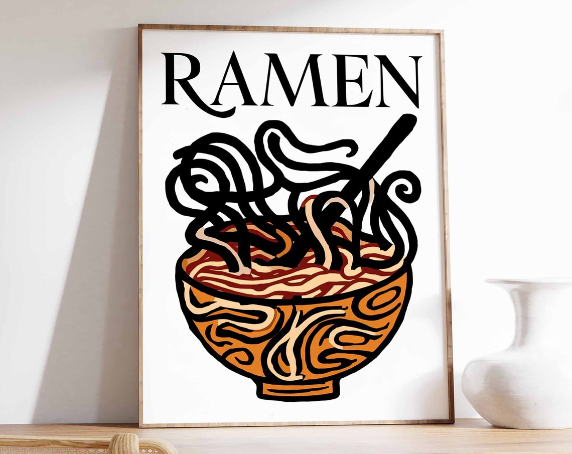 Ramen Bowl Bold Black Noodle Swirls Chopsticks Minimal Art Poster