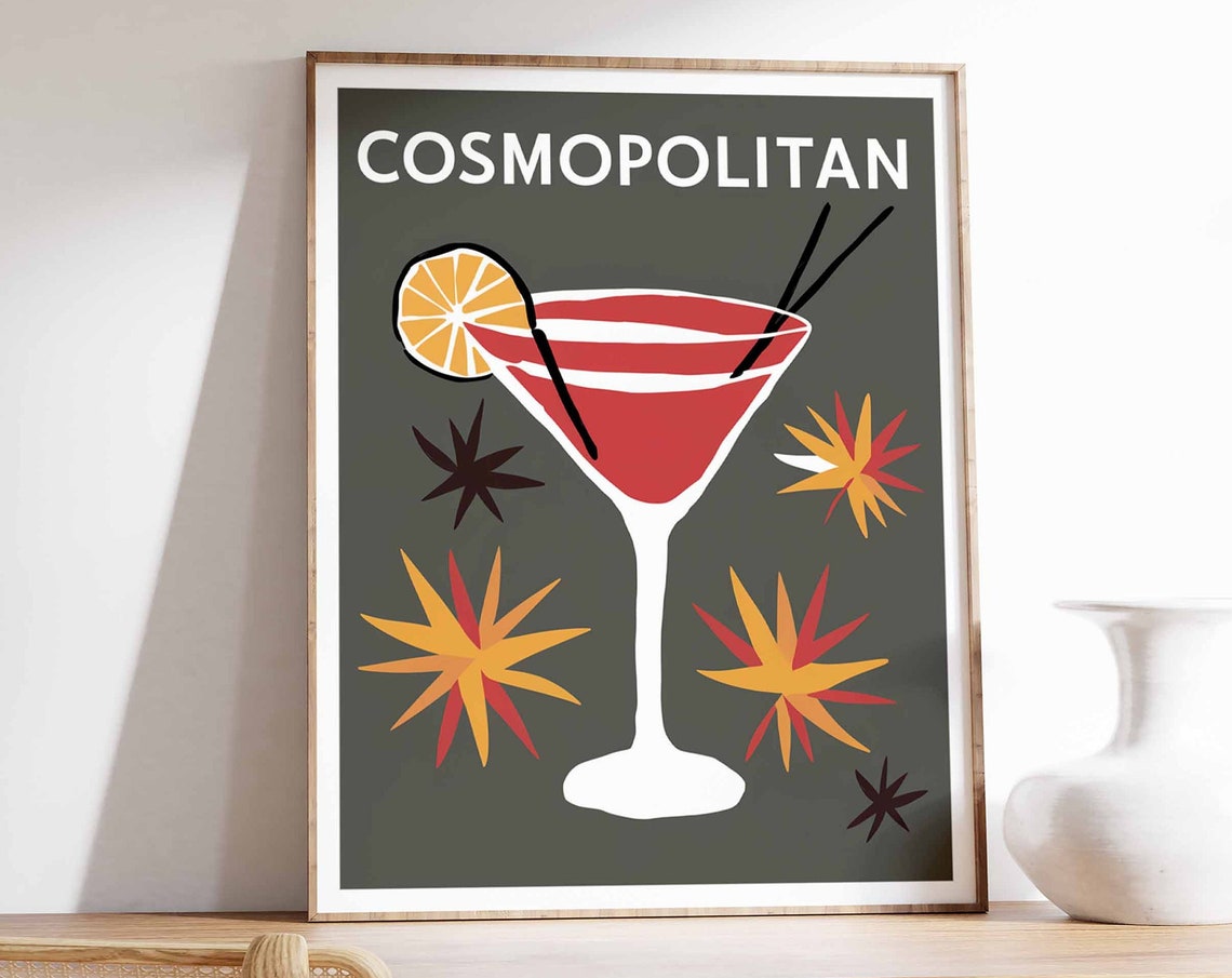 Cosmopolitan Cocktail Retro Martini Glass Starburst Bar Poster