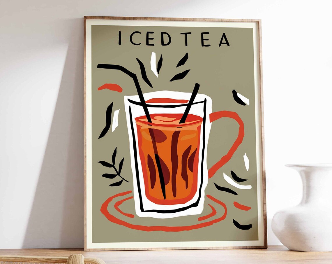 Iced Tea Orange Glass Mug Sage Retro Mid Century Kitchen Poster