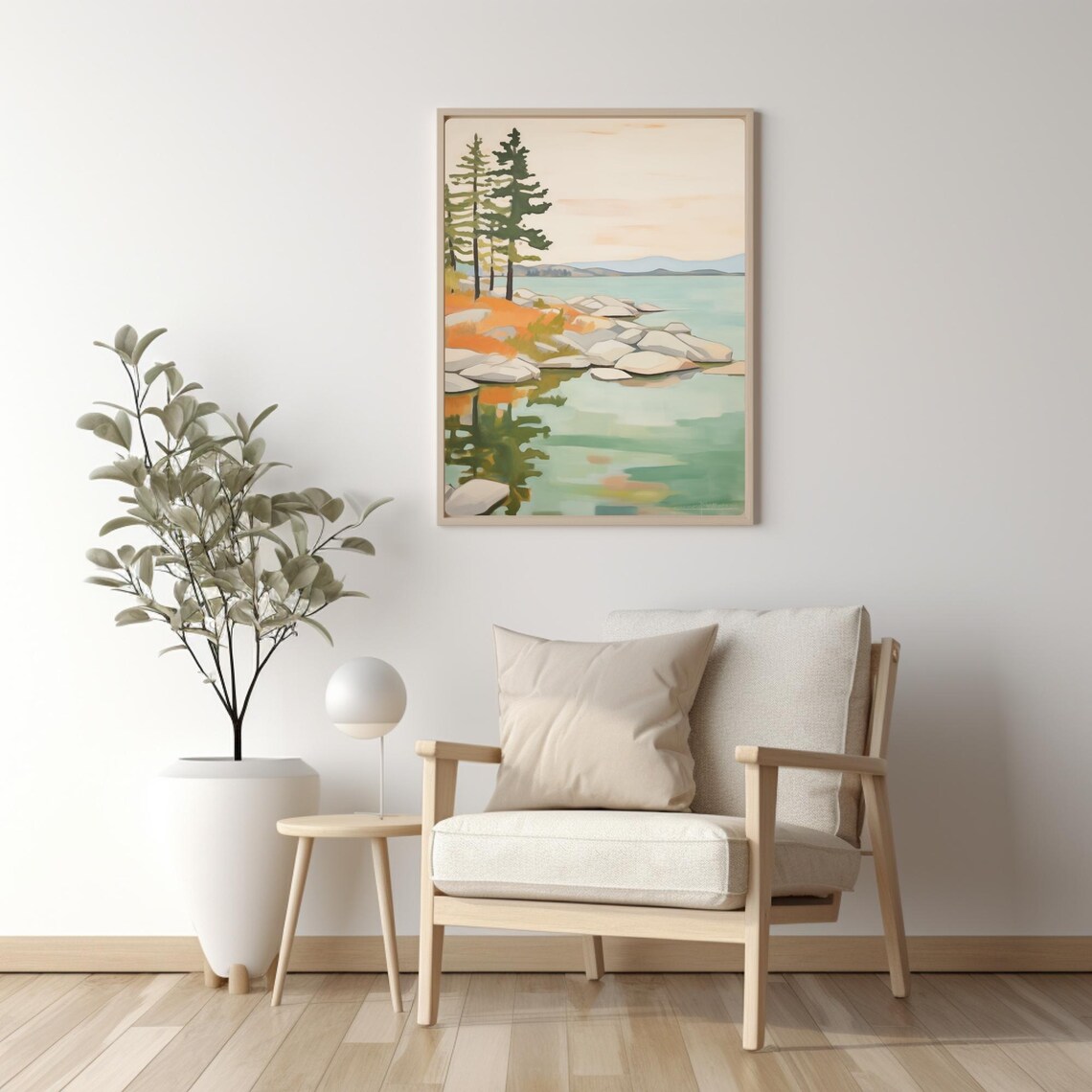 Mountain Lake Painting Pine Trees Rocky Shore Serene Nature Poster - Image 4