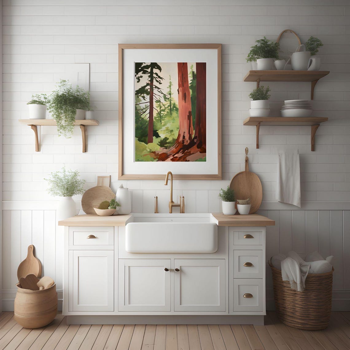 Tall Redwood Tree Trunks Green Forest Path Woodland Painting Poster - Image 3