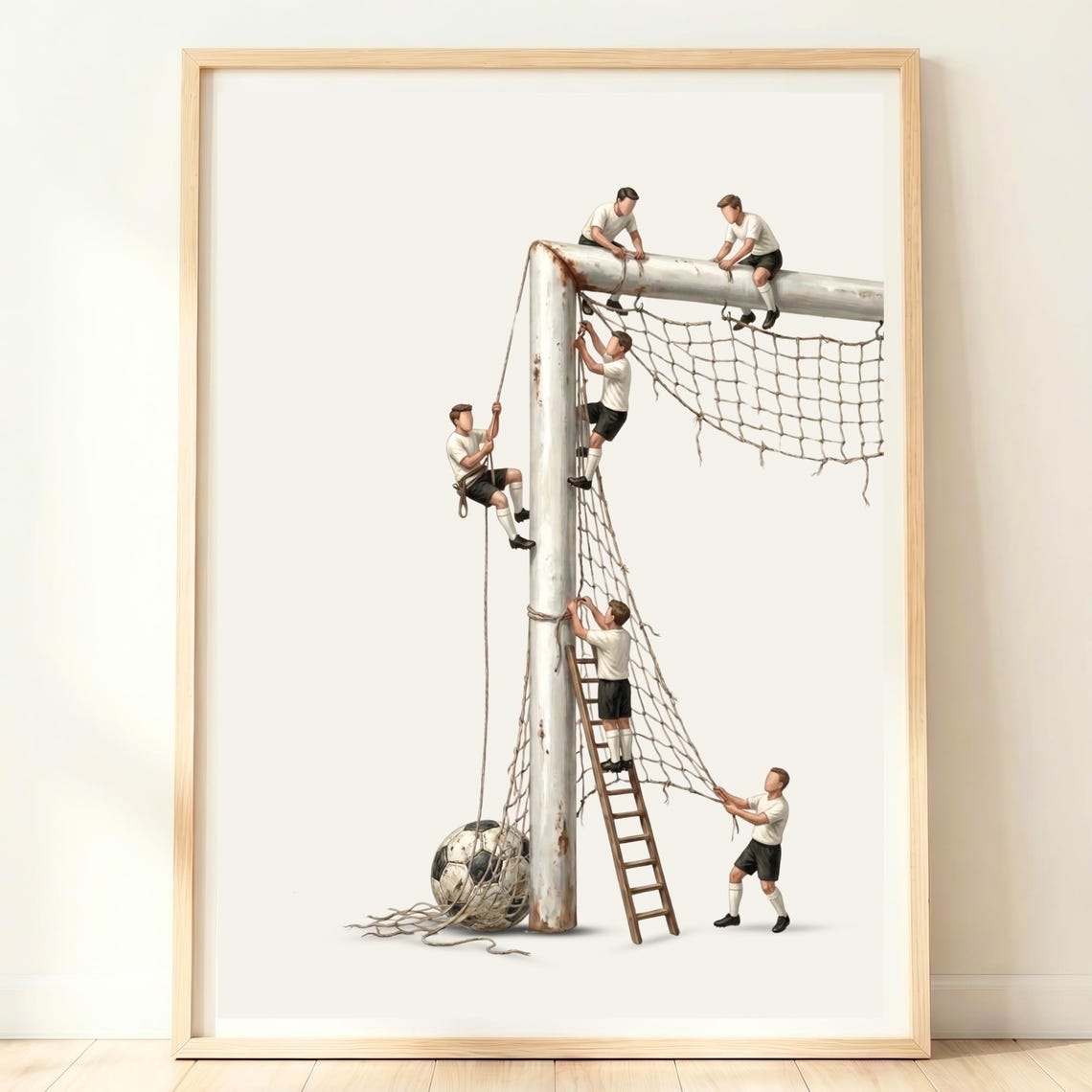 Tiny Players Fixing Giant Soccer Goal Whimsical Sports Poster