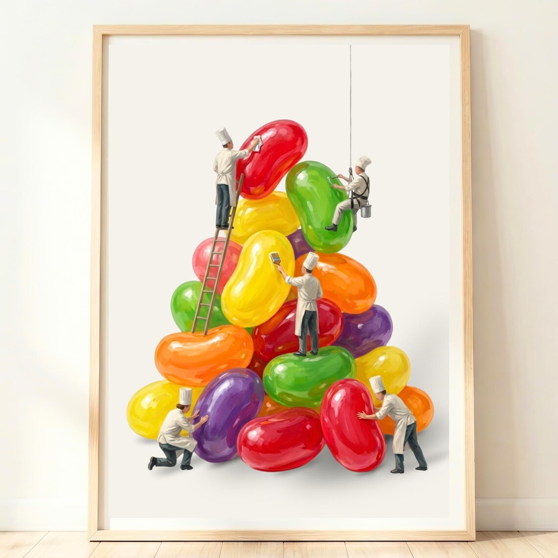 Giant Colorful Jelly Beans Tiny Workers Paint Whimsical Candy Art Poster