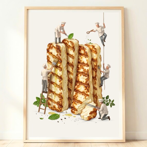 Grilled Halloumi Cheese Blocks Tiny Chefs Whimsical Kitchen Poster