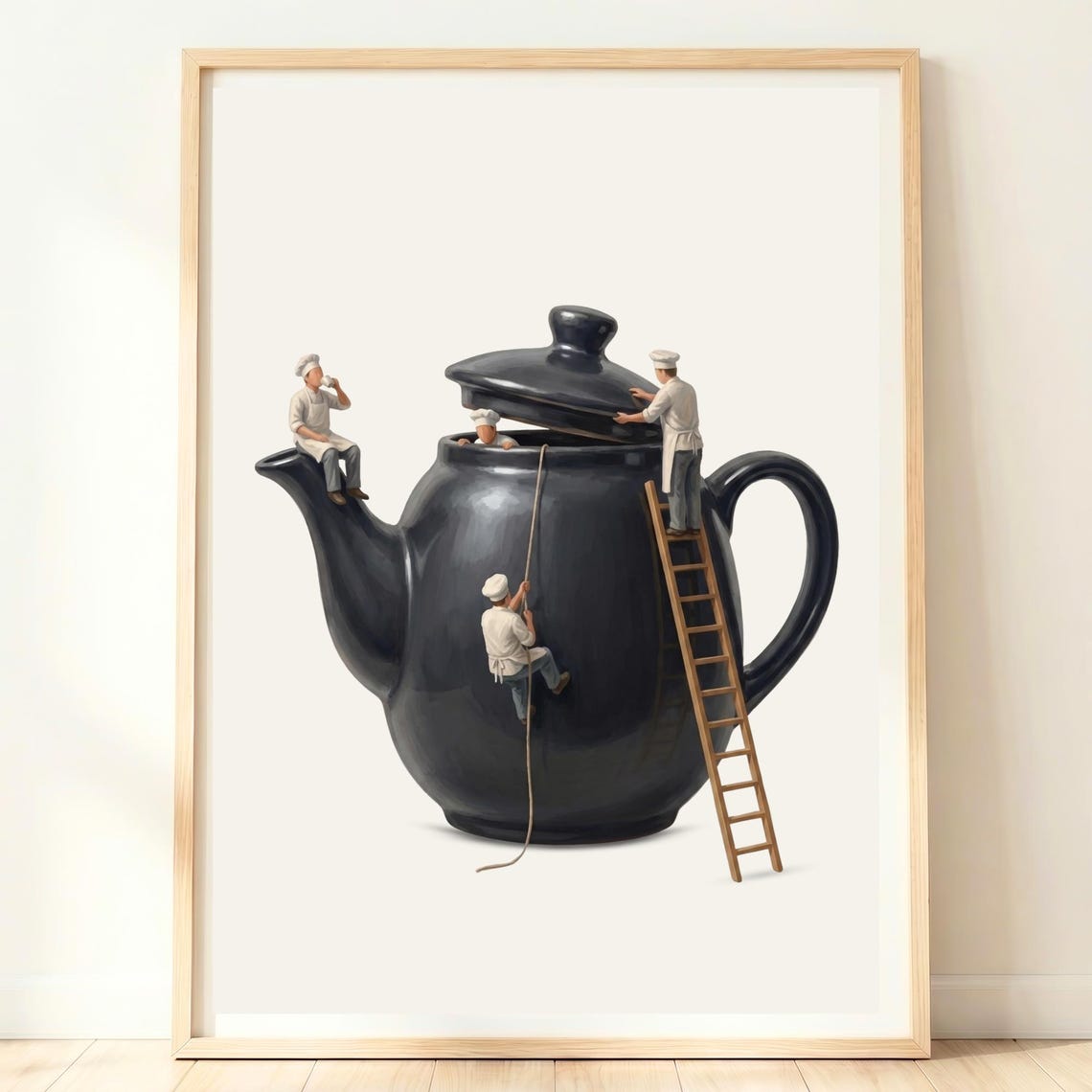 Tiny Chefs Climbing A Giant Black Teapot Whimsical Kitchen Wall Art