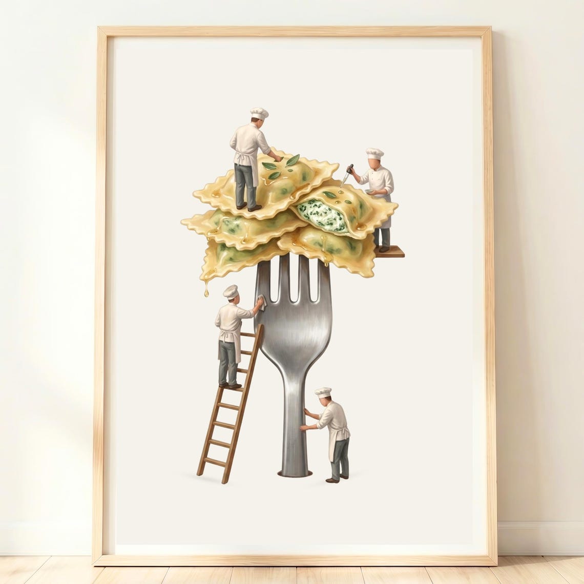 Giant Ravioli Pasta Tiny Chefs Whimsical Italian Kitchen Poster