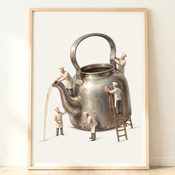 Tiny Chefs Giant Vintage Silver Kettle Tea Time Fun Kitchen Poster