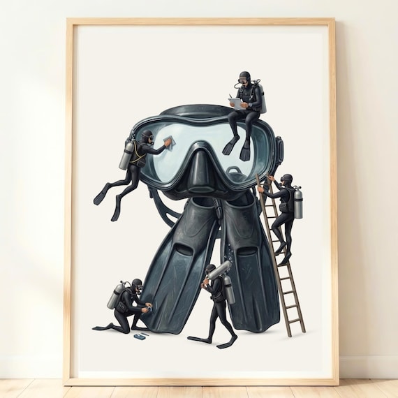 Giant Scuba Mask Flippers Miniature Divers Ocean Dive Wall Art