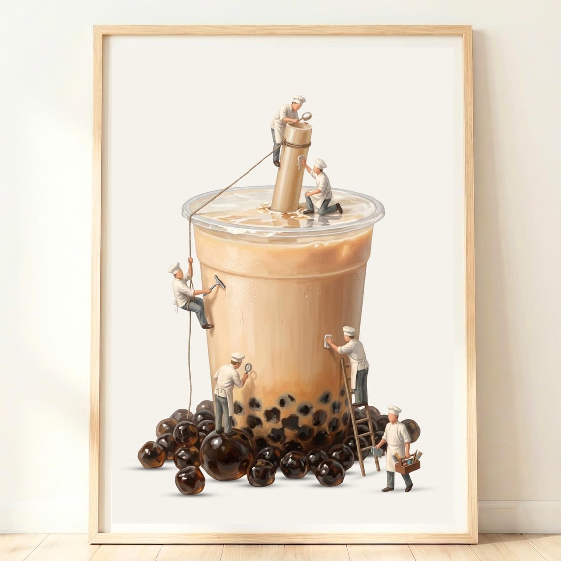 Tiny Baristas Building Giant Boba Milk Tea Cup Whimsical Cafe Poster