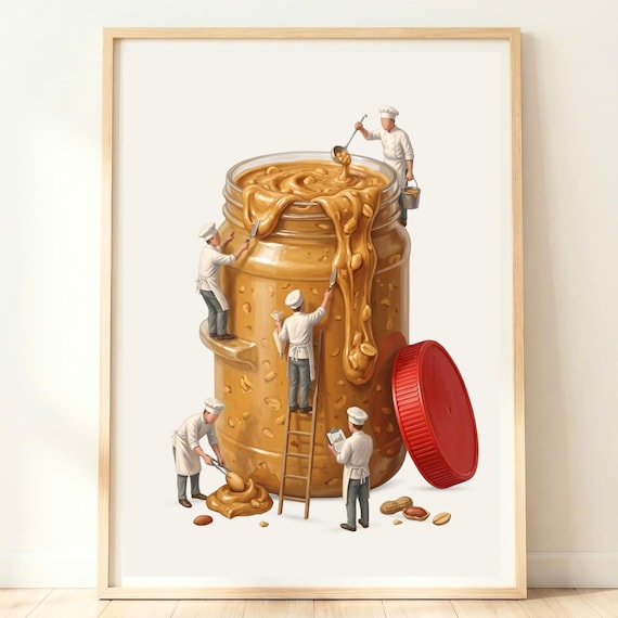 Tiny Chefs Giant Peanut Butter Jar Whimsical Kitchen Art Poster