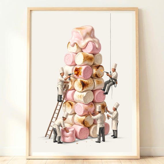 Toasted Marshmallow Tower Whimsical Tiny Chef Kitchen Wall Print