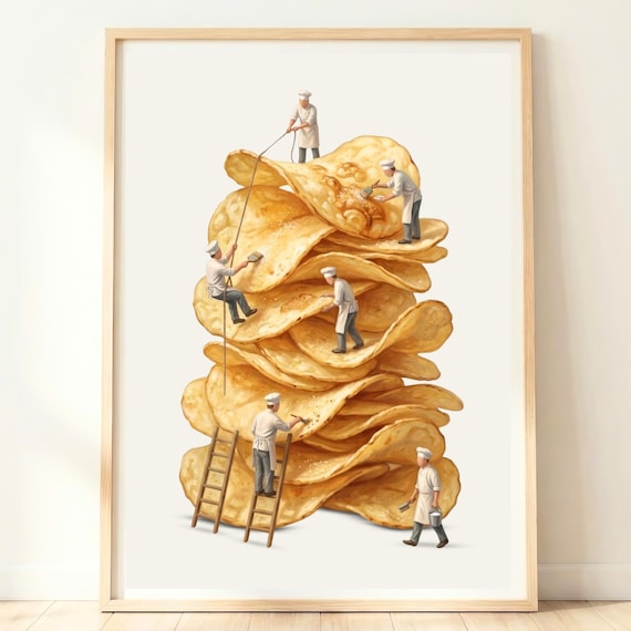 Tiny Chefs Seasoning Giant Potato Chip Stack Whimsical Snack Poster