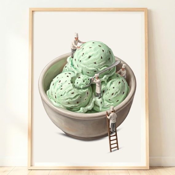 Green Kitchen Decor Mint Chocolate Chip Ice Cream Print Food Wall Art Poster