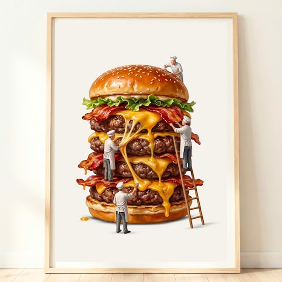 Giant Bacon Cheeseburger Whimsical Tiny Chef Kitchen Wall Print