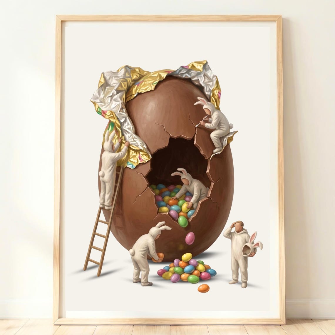 Giant Chocolate Easter Egg Bunny Workers Spring Holiday Candy Poster